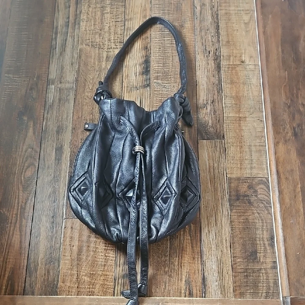 Elliott Lucca Luxury Quality‎ Chic Black Genuine Leather Hobo Draw String Bag